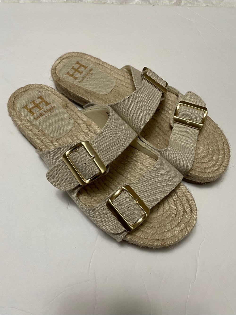 Haute Hippie Nikki Neutral Canvas Double-Buckle Espadrille Slide Sandals 10M